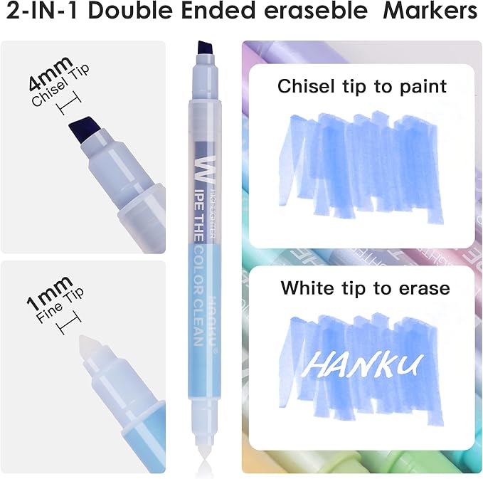 HANKU Erasable Highlighters, 10 Assorted Pastel Colors, Dual Tip Markers