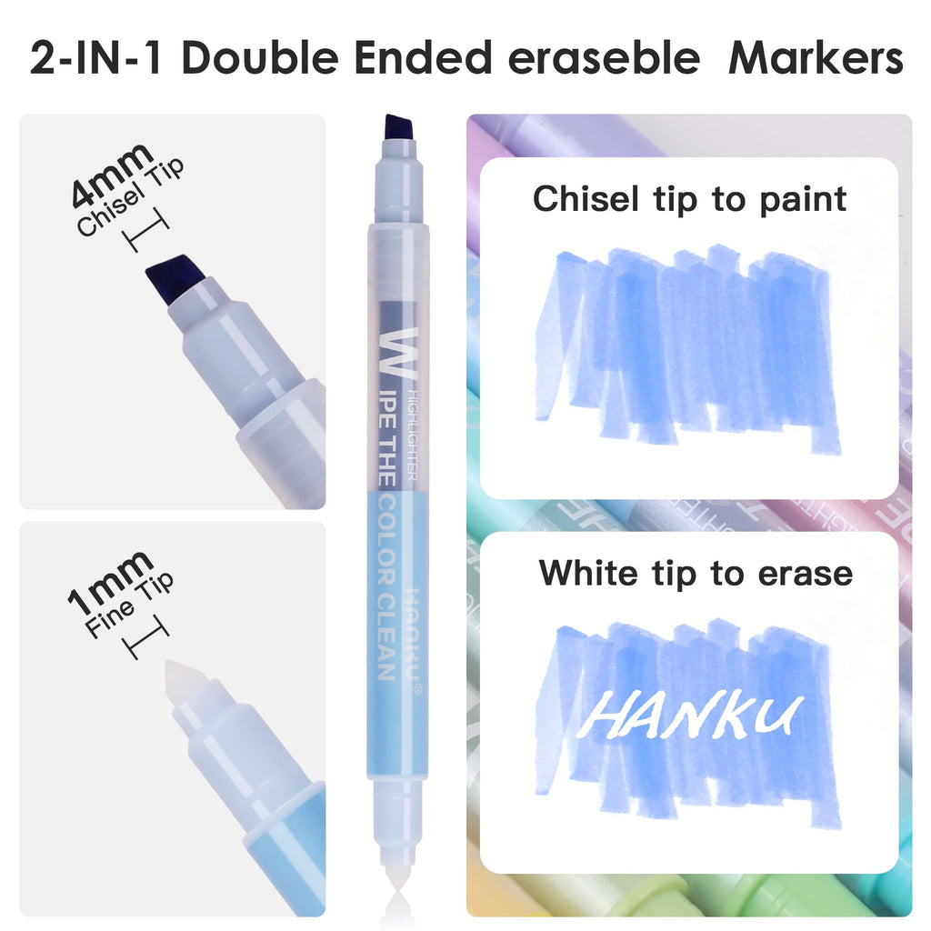HANKU Erasable Highlighters, 10 Assorted Pastel Colors, Dual Tip Markers