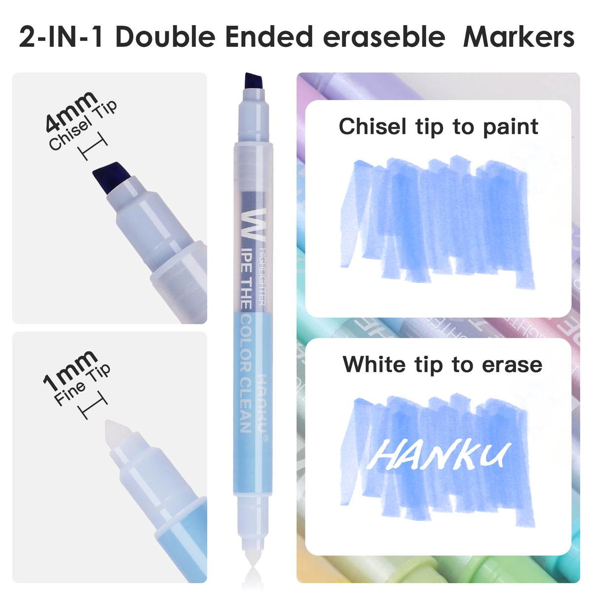 HANKU Erasable Highlighters, 10 Assorted Pastel Colors, Dual Tip Markers