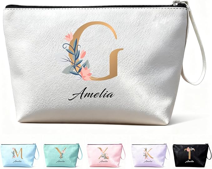 Bliver Personalized Makeup Bag Initial&Birth Flower Custom Small Travel Cosmetic Bag with Name Cute Makeup Bag for Women Girls