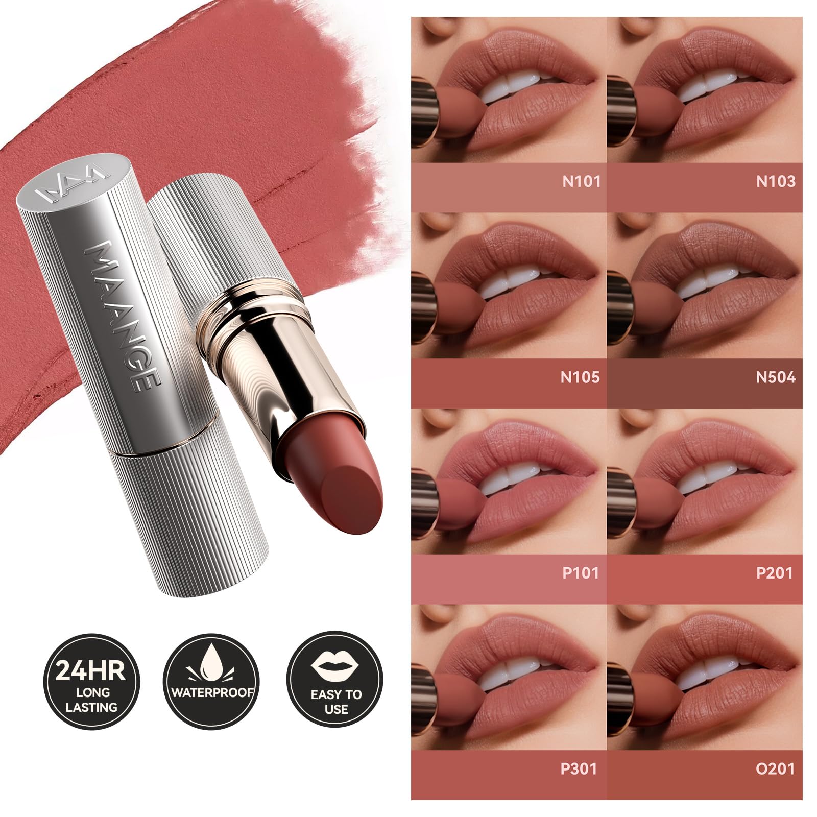 MAANGE Lipstick, Matte Lipstick Long Lasting Transfer-Proof Waterproof & Hydrating Lip Makeup, Full Coverage for a Nourishing Pout,1 Count-N101