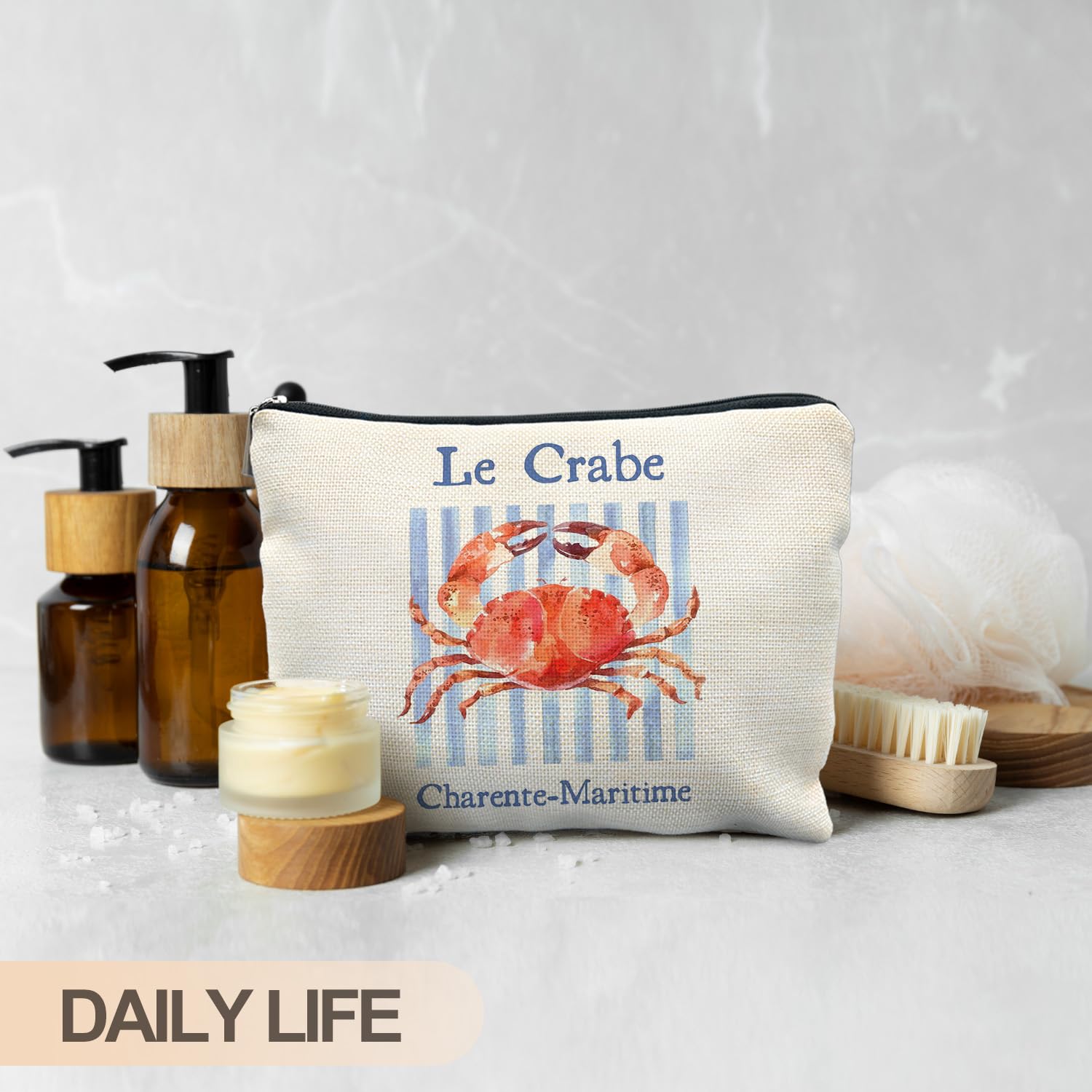 RYYCDOI Vintage Crab Beach Makeup Bag, Crab Lovers Gifts Cosmetic Bags for Women, Gifts for Beach Ocean Lovers, Retro Blue Stripes Seafood Aesthetic Zipper Makeup Pouch