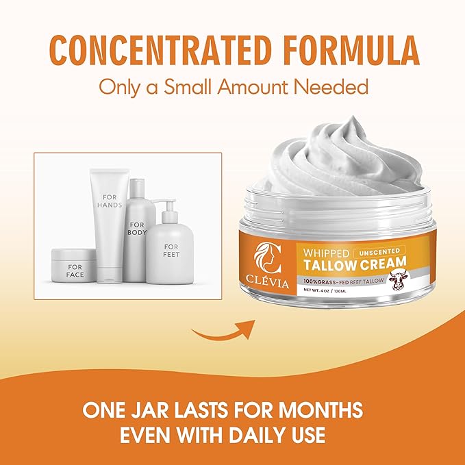 CLÉVIA 100% Grass-Fed Whipped Tallow Cream - 4 OZ Anti-Wrinkle Face and Body Balm with Jojoba Oil Non-Comedogenic - Deep Hydration for Dry, Sensitive and Irritated Skin (Unscented)