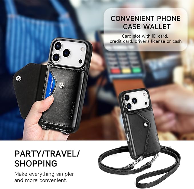 LUCKYCOIN Crossbody Phone Case for iPhone 17 Pro,100% Genuine Leather Phone Wallet Case for Women, Premium Hands-Free Phone Purse with Expandable Flip Card Holder & Adjustable Strap - Retro Black