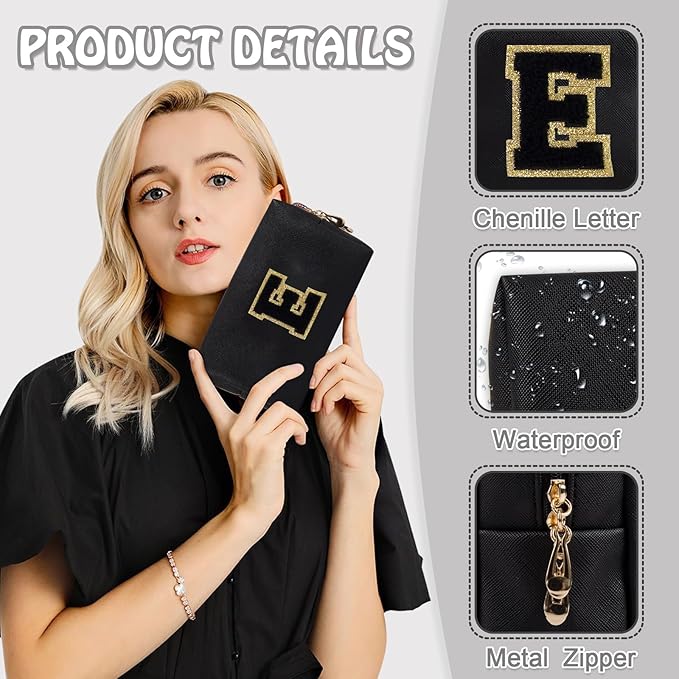 Personalized Chenille Letter Preppy Makeup Bag, Small Initial Black Travel Cosmetic Organizer Toiletry Pouch Monogram Makeup Storage, Waterproof Make Up Case Travel Essentials for Women Her(Letter E)