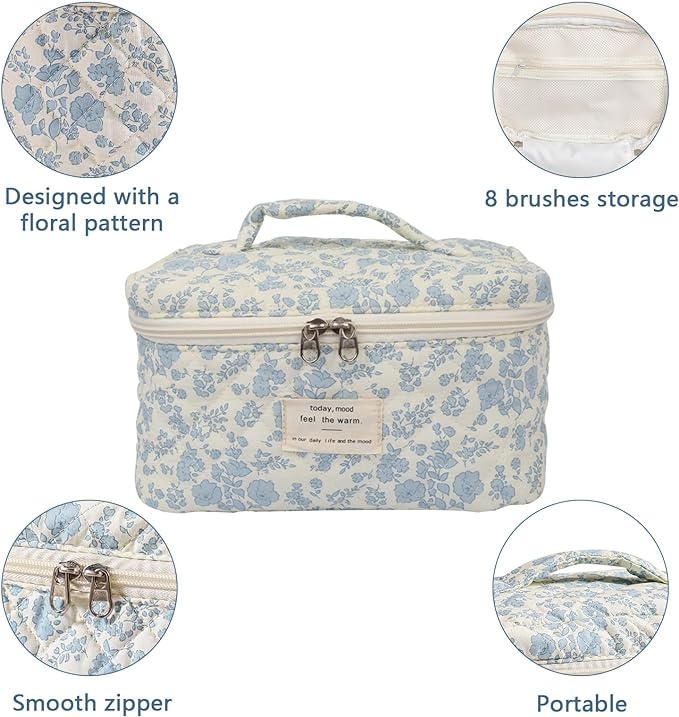 Gosect Large Makeup Bag, Cute Cosmetic Bag for Women Girls, Floral Coquette Aesthetic Toiletry Bag, Travel Make Up Organizer Bag (White Blue Butterfly Flower)