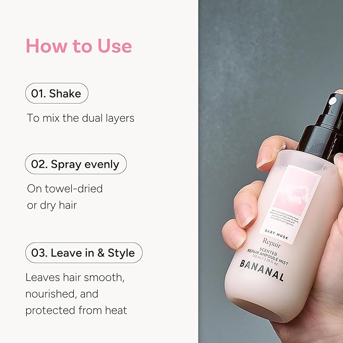 BANANAL Korean Scented Hair Serum Mist – Argan Oil & Silk Protein Ampoule for Nourishing, Frizz Control, Damaged Repair & Glass Hair Shine – Baby Musk, 100ml / 3.38 fl oz