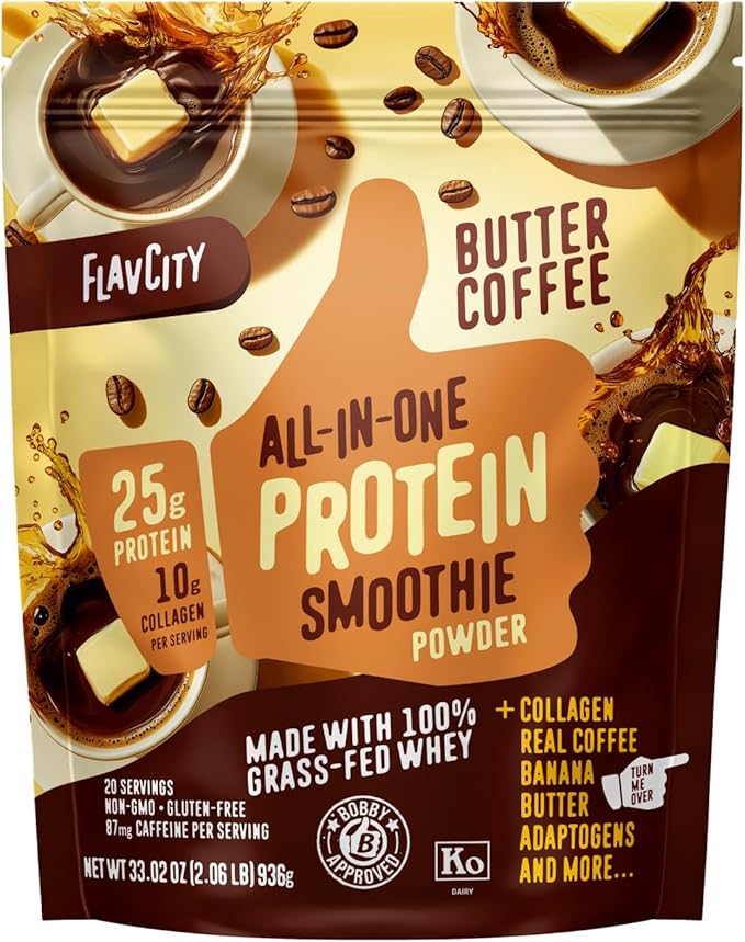 FlavCity All in One Protein Shake Powder, Butter Coffee - 55mg Caffeine + Collagen Peptides, Reishi & Cordyceps - Focus, Skin, Hair & Joint Support - 100% Grass Fed Whey, 20 Servings