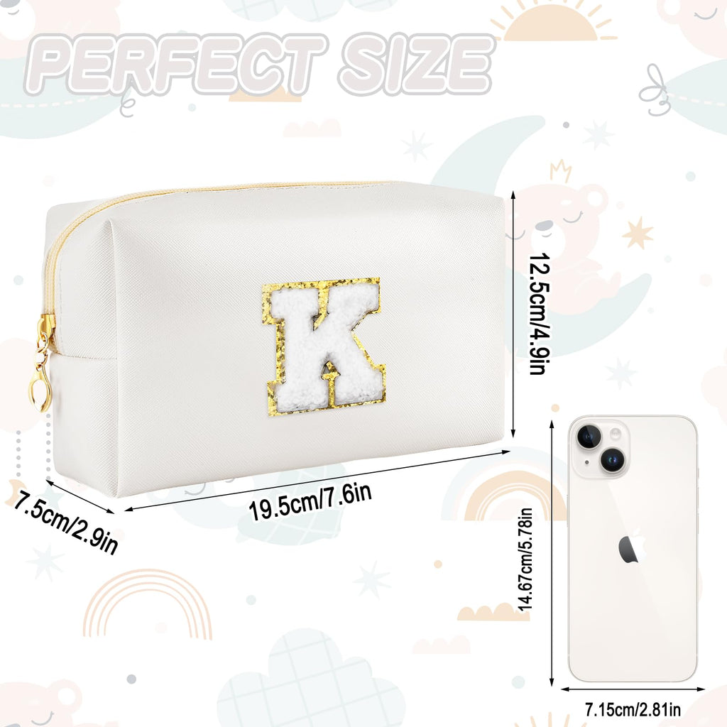 URSKYTOUS Gifts for Girls Initial Makeup Bag Personalized Cosmetic Bag with Zipper Cute Travel Toiletry Bags Waterproof PU Preppy Makeup Pouch Birthday Gift for Teen Girls Women(White K)