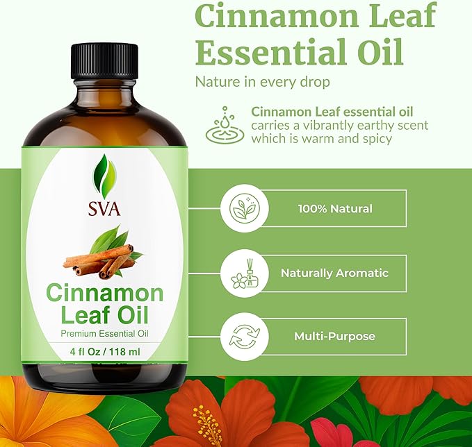 SVA Cinnamon Leaf Essential Oil 4 Fl Oz – for Diffuser, Skin & Hair Care – Ideal for Massage & DIY Blends – with Dropper