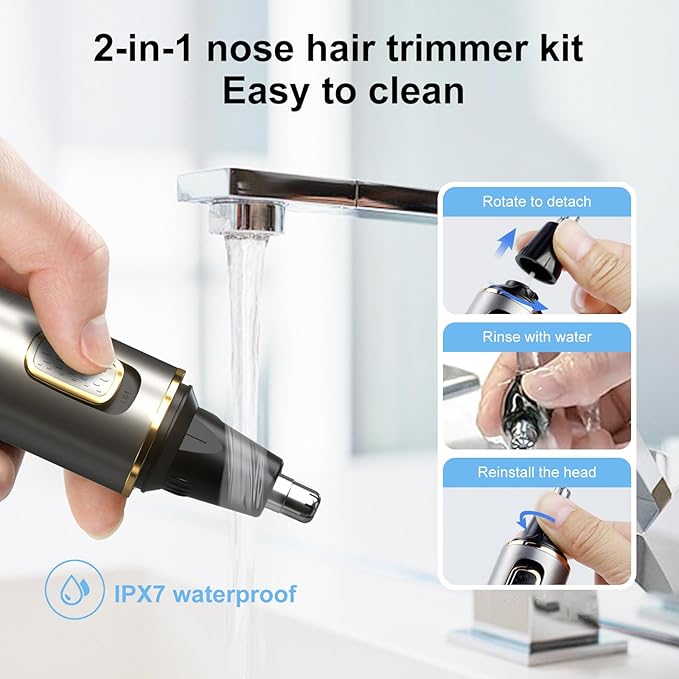 XOOMRSCP Nose Hair Trimmers for Men，Rechargeable Hair Trimmer 2 in 1 Painless Multifunctional Ear and Nose Hair Trimmer with IPX7 Waterproof Dual Edge Blades (Grey)