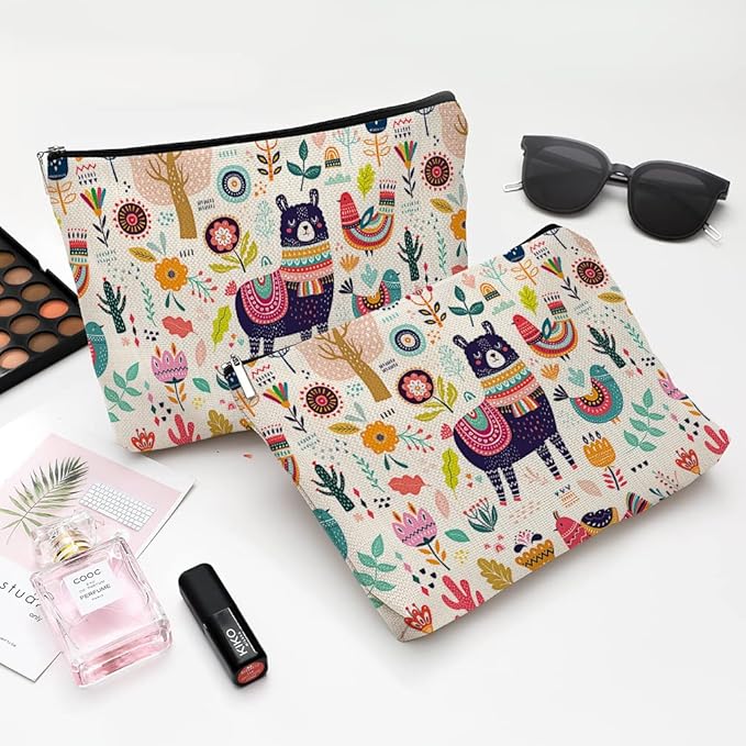 Givotin Cute Makeup Bag for Purse Canvas Waterproof Funny Cosmetic Bags for Women Zipper Travel Toiletry Pouch-Alpaca Makeup Bags-Creamy