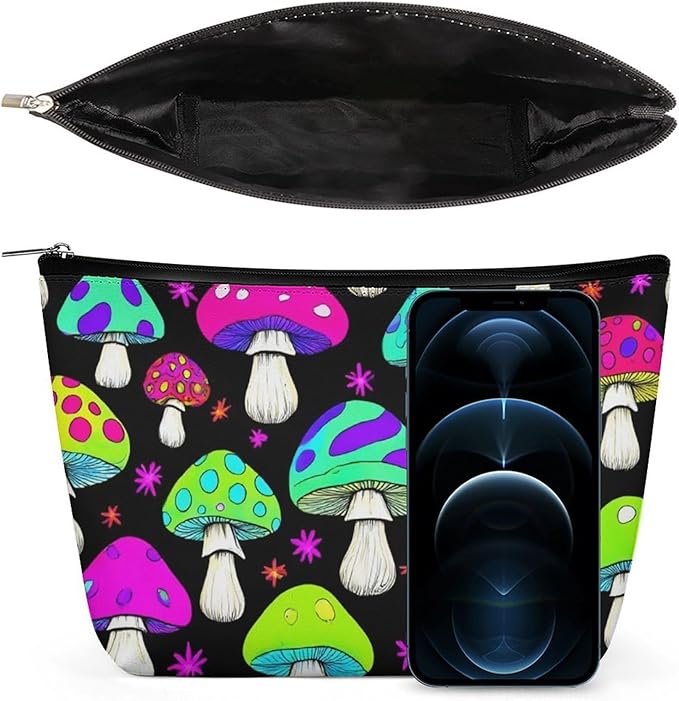 Meaudiwes Fashion Zipper Cosmetic Case, Portable Makeup Case, Personality Toiletry Bag, Travel Cosmetic Toiletry Bag Trippy Magic Neon Mushrooms