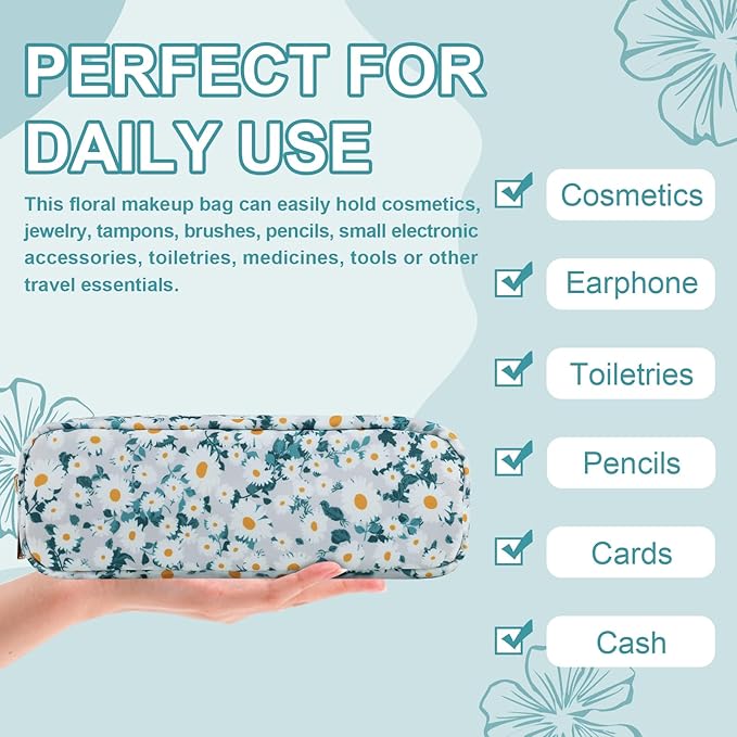 UIXIZQ Waterproof Small Floral Pencil Case Makeup Bag for Purse,Cute Flower Pencil Pouch Preppy Nylon Makeup Brush Holder with Zipper,Girls Portable Storage Case for Work(Slim Green-Daisy)