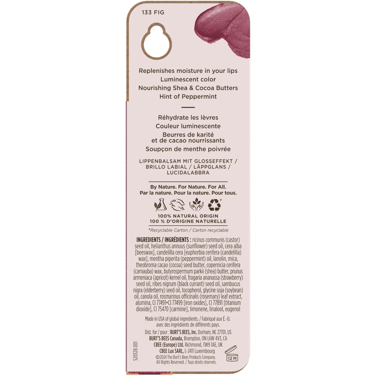 Burt's Bees Shimmer Lip Tint, Tinted Lip Balm Stick, Moisturizing for All Day Hydration with Natural Glowy Pigmented Finish & Buildable Color, Fig, 1 Tube, 0.09 oz.