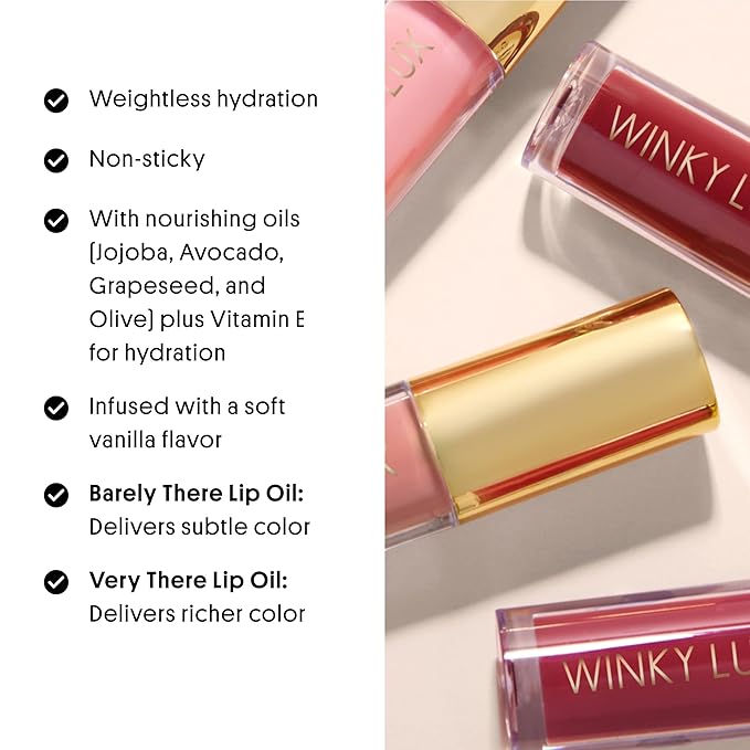 Winky Lux Juicy Very There Lip Oil - Hydrating Coral Pink Tint with Jojoba Oil, Non-Sticky Glossy Lip Oil, Bright Pink Gloss for Juicy Lips & Soft Vanilla Scent