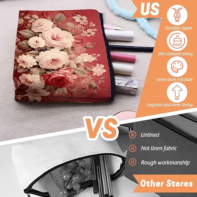 Scribesense Cosmetic Bags Travel Makeup Toilet Case Waterproof Pouch for Women Girls 6.7X9.45inches - Assorted Pale - Colored Flowers on A Red Ornamental Background