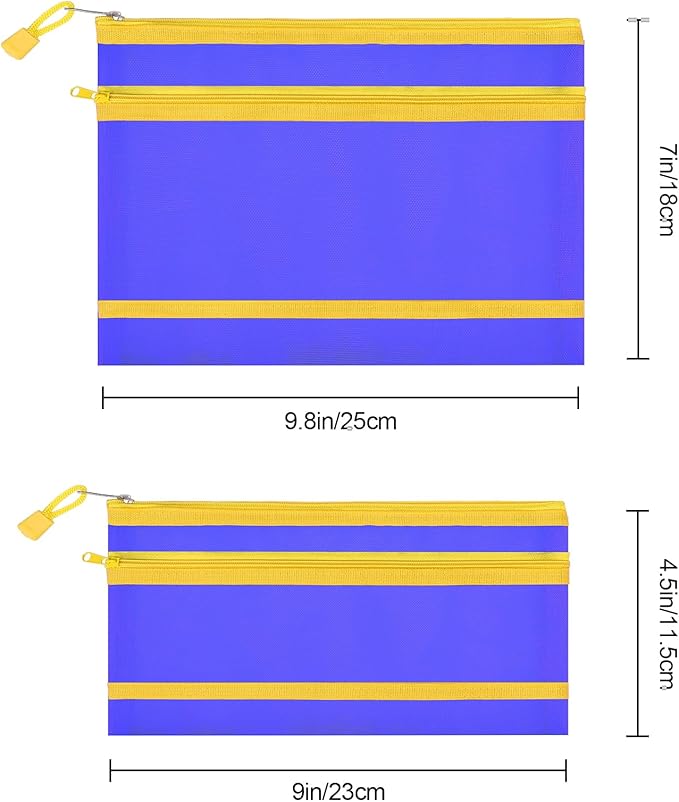 Sinzip 12 Pieces Zipper Nylon Mesh Pouch, Mesh Cosmetic Bags Makeup Bags Pencil Case, Multipurpose Travel Bags for Cosmetic School Office Supplies and Travel Accessories (2 Layers-Blue, A5)