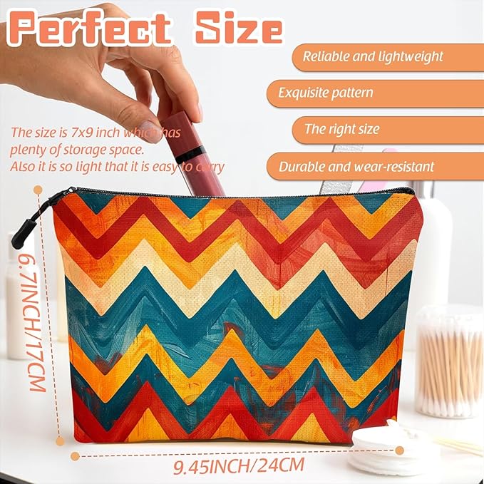 Scribesense Cosmetic Bags Travel Makeup Toilet Case Waterproof Pouch for Women Girls 6.7X9.45inches - Zigzag Pattern in Warm And Cool Tones
