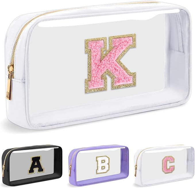 UIXIZQ Personalized Initial Letter Clear Makeup Bag,Preppy Small Nylon&PVC Cosmetic Zipper Bag with Chenille Letter,Travel Skincare Toiletry Bag,Monogram Christmas Gift for Teen Girls Women,K