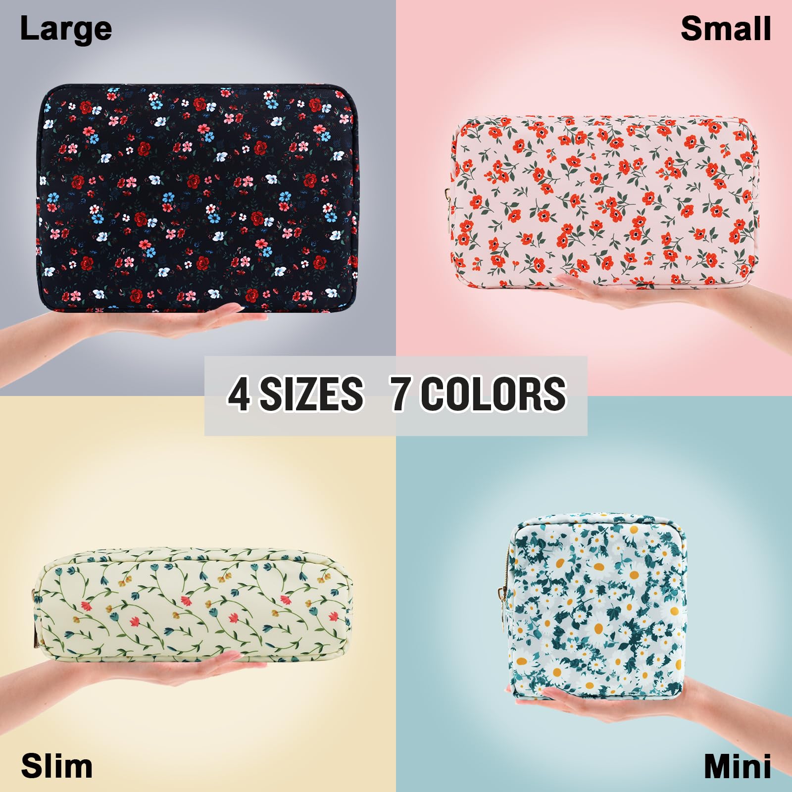 Nylon Large Floral Makeup Organizer Bag, Preppy Big Cute Flower Cosmetic Zipper Pouch Multi-compartment with Dividers, Waterproof Toiletry Makeup Brushes Travel Essentials for Women(Navy Blue-Flower)
