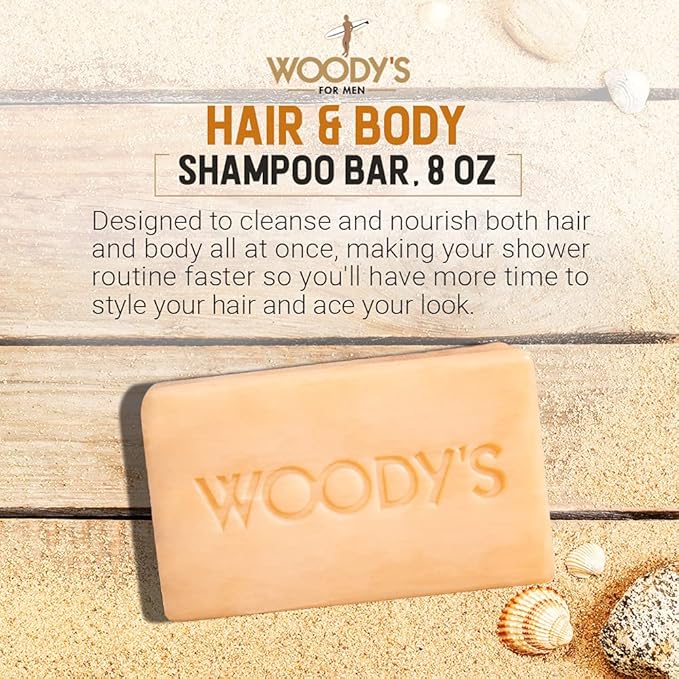 Woody's Men's 2-in-1 Hair & Body Shampoo Bar, Rich, Thick Lather Formula, Conditions, Nourishes, Moisturizes, for All Skin Types, 8 Oz