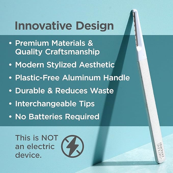 StackedSkincare Professional-Grade Dermaplaning Tool – Precision Exfoliation, Removes Peach Fuzz & Dead Skin, Aluminum Handle, Refillable Blades