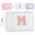 MSQ Personalized Makeup Bag Initial A-Z Patch Bag, PU Leather Cosmetic Bag Pouch Travel Toiletry Bag with Zipper, Gift Ideal for Teen Girls Friend Mom Women Birthday (White M)