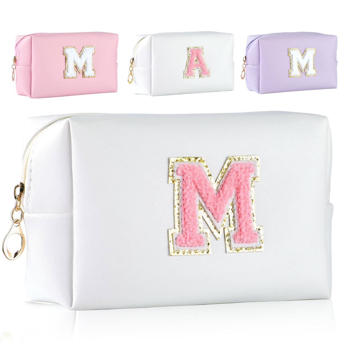 MSQ Personalized Makeup Bag Initial A-Z Patch Bag, PU Leather Cosmetic Bag Pouch Travel Toiletry Bag with Zipper, Gift Ideal for Teen Girls Friend Mom Women Birthday (White M)
