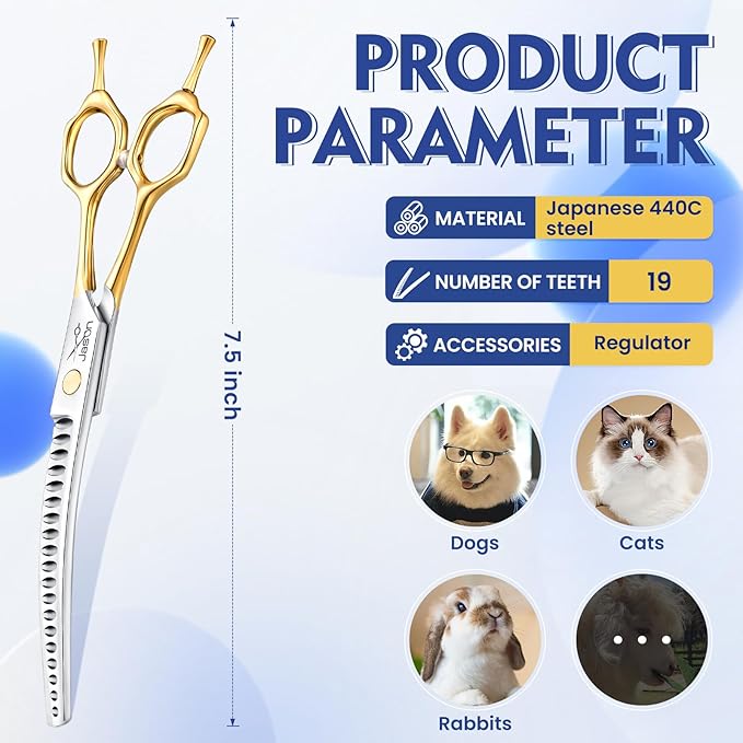 JASON Curved Dog Chunker Scissors - 7.5" Grooming Downward Shears 19 Teeth