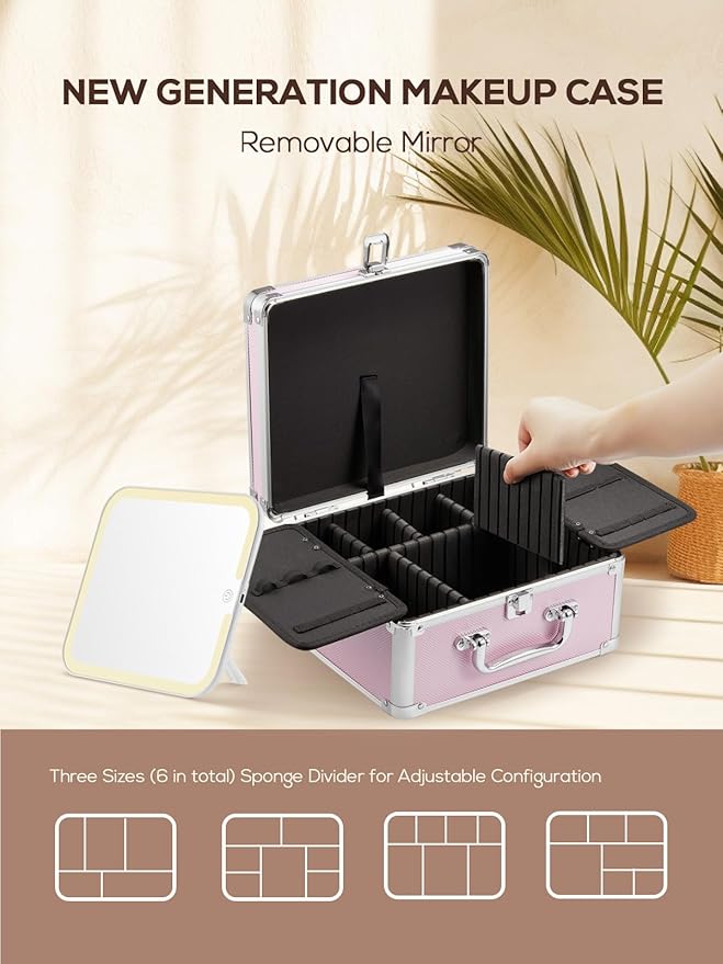 OMIRO Makeup Case, Makeup Bag with Light Up Mirror Set, Makeup Organizer Bag with Magnet Makeup Mirror for Women and Girls(ClassicPink)