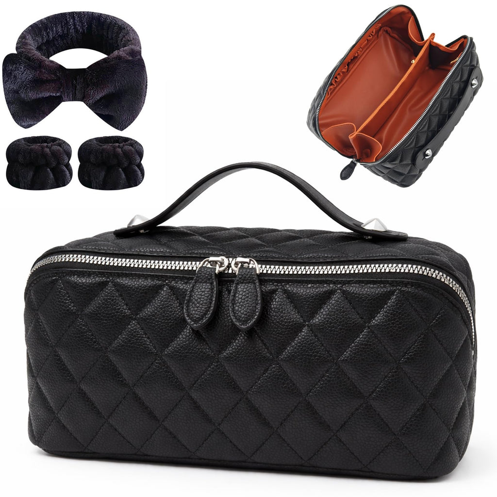 Cuteseason PU Leather Makeup Bag for Women, Structured Makeup Case with Wide Opening, Travel Cosmetic Bag with Compartments and Handle, Water-Resistant Makeup Organizer(Black Diamond Quilted)