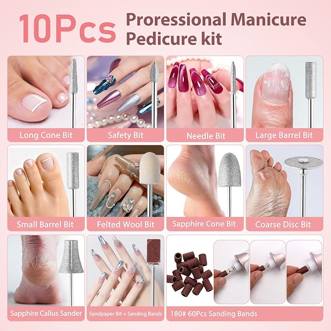 ZABOUL Electric Nail Drill Kit, Professional Manicure Pedicure Rechargeable & Cordless Nail File Buffer for Acrylic Nails Gel Polishing Removing Manicure Salon Home