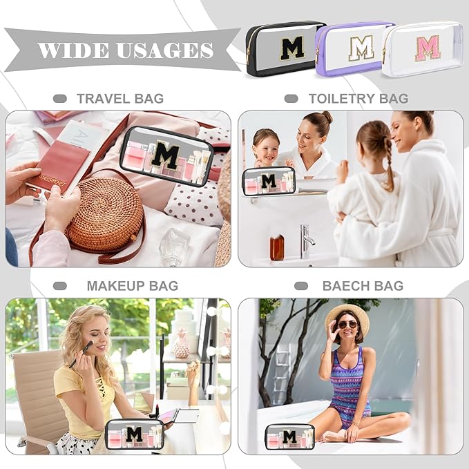 UIXIZQ Personalized Initial Letter Clear Makeup Bag,Preppy Small Nylon&PVC Cosmetic Zipper Bag with Chenille Letter,Travel Skincare Toiletry Bag,Monogram Christmas Gift for Teen Girls Women,M