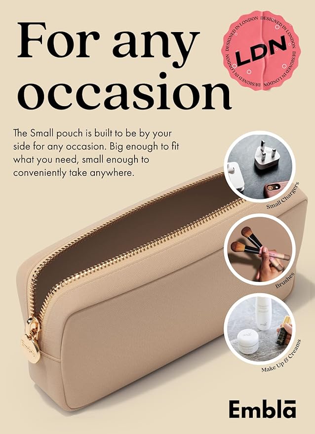 Embla Medium Travel Makeup Bag and Waterproof Nylon Travel Toiletry Bag with Smooth Zipper, Compact Slim Cosmetic Pouch, Beige