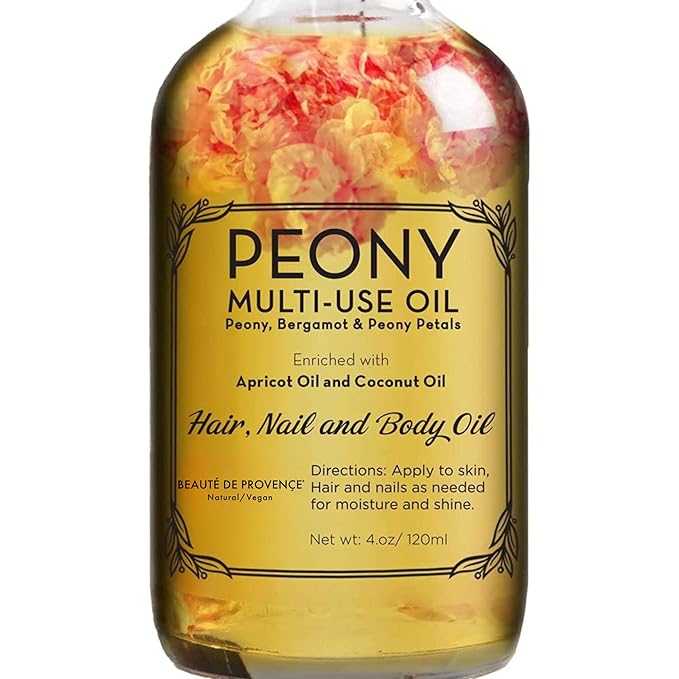 BEAUTE DE PROVENCE Peony Multi-Use Oil for Face, Body and Hair – Organic Blend of Apricot, Vitamin E & Sweet Almond Oil for Dry Skin, Rose Petals & Bergamot Essential Oil – 4 Fl Oz