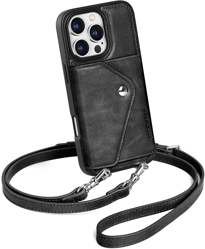 LUCKYCOIN Crossbody Phone Case for iPhone 16 Pro,100% Genuine Leather Phone Wallet Case for Women, Premium Hands-Free Phone Purse with Expandable Flip Card Holder & Adjustable Strap - Retro Black