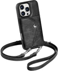 LUCKYCOIN Crossbody Phone Case for iPhone 16 Pro,100% Genuine Leather Phone Wallet Case for Women, Premium Hands-Free Phone Purse with Expandable Flip Card Holder & Adjustable Strap - Retro Black