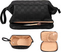 Abiudeng Large Makeup Bag for Women,Travel Makeup Organizer with Brush Holder, Dopp Kit Essentials,Waterproof Checkered Cosmetic Bag for Traveling,Multi Compartment,Cute,Spacious Capacity-Black