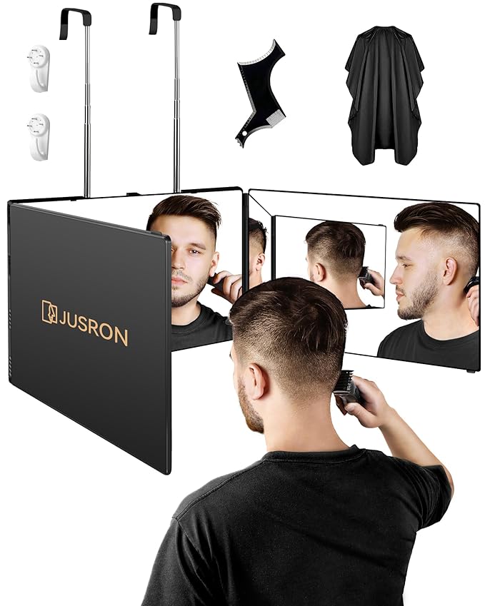 JUSRON 360 Viewing Angle Self Hair Cutting Mirror, Clear Anti-Fog HD Glass (1, Black Without LED with Accessories)