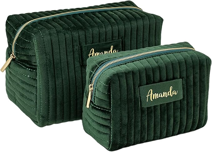 Snirov Custom Makeup Bag, Green Velvet Personalized Cosmetic Bag with Zipper for Women Teen Girls Birthday Gifts Mothers Day Gifts for Mom