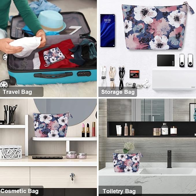 HAWEE Flower Makeup Bag for Travel Cosmetic Storage Pouch Waterproof Polyester Metal Zipper, Retro Camellia