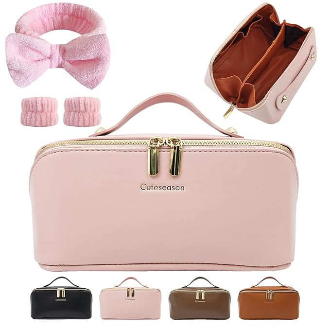 Cuteseason PU Leather Makeup Bag for Women, Structured Makeup Case with Wide Opening, Travel Cosmetic Bag with Compartments and Handle, Water-Resistant Makeup Organizer(Pink Plain)