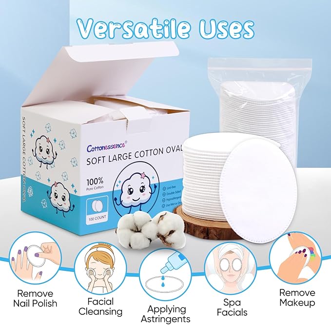 Cottonessence Oval Cotton Pads (100-Count)- 100% Pure Cotton, Gentle Enough for Babies, Soft Texture, Large Size, Lint-Free, Double Sided, Hypoallergenic, Use Wet or Dry