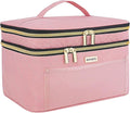 BAFAMYE Double Layer Travel Makeup Bag for Women, Large Cosmetic Case Organizer with Makeup Brush Compartment, Portable Train Case Make Up Bag for Travel-Size