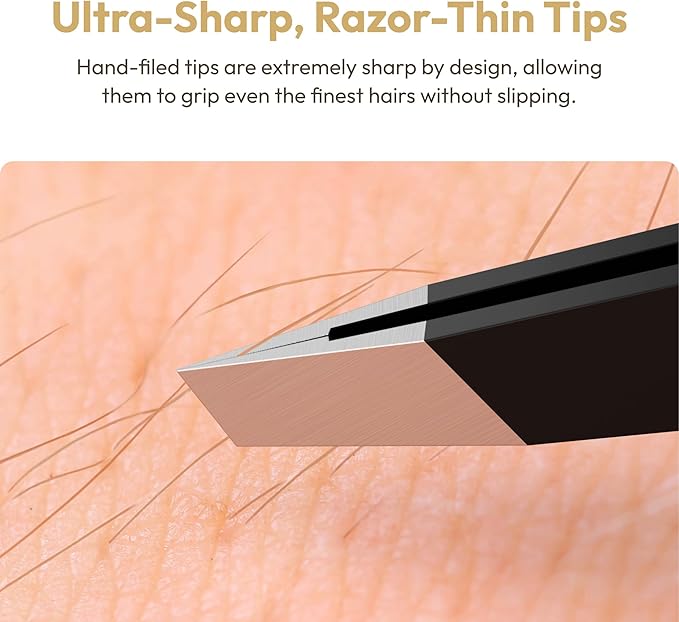Beauty Power Tweezers for Women Facial Hair: Ultra Precision Tweezers for Women & Men, Sharp Slant Tweezer for Eyebrows, Ingrown Hair Removal. Professional Plucker + Case, German Stainless Steel Black