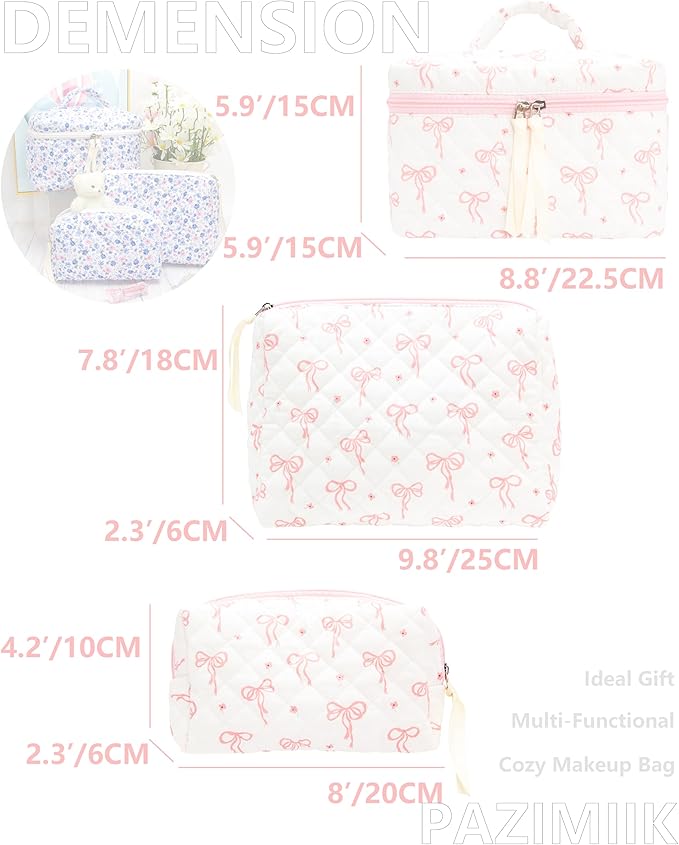 3 Piece Quilted Makeup Bag Set for Women,Cosmetic&Toiletry Bag,Bow Pink