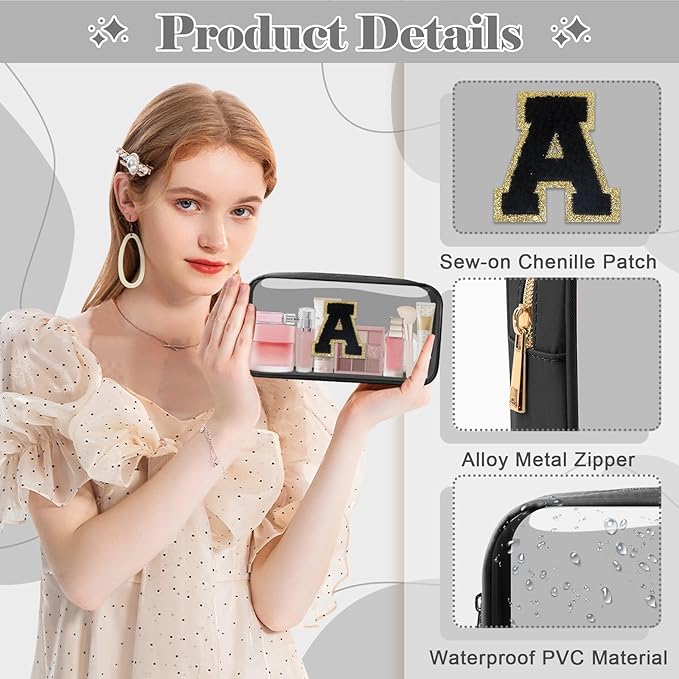 UIXIZQ Personalized Initial Letter Clear Makeup Bag,Preppy Small Nylon&PVC Cosmetic Zipper Bag with Chenille Letter,Travel Skincare Toiletry Bag,Monogram Christmas Gift for Teen Girls Women,A