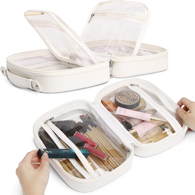 Pinkmik Travel Makeup Bag Set Portable Clear Cosmetic & Toiletry Case Women's Purse Organizer and Car Essentials with Zipper (White, L+MINI)