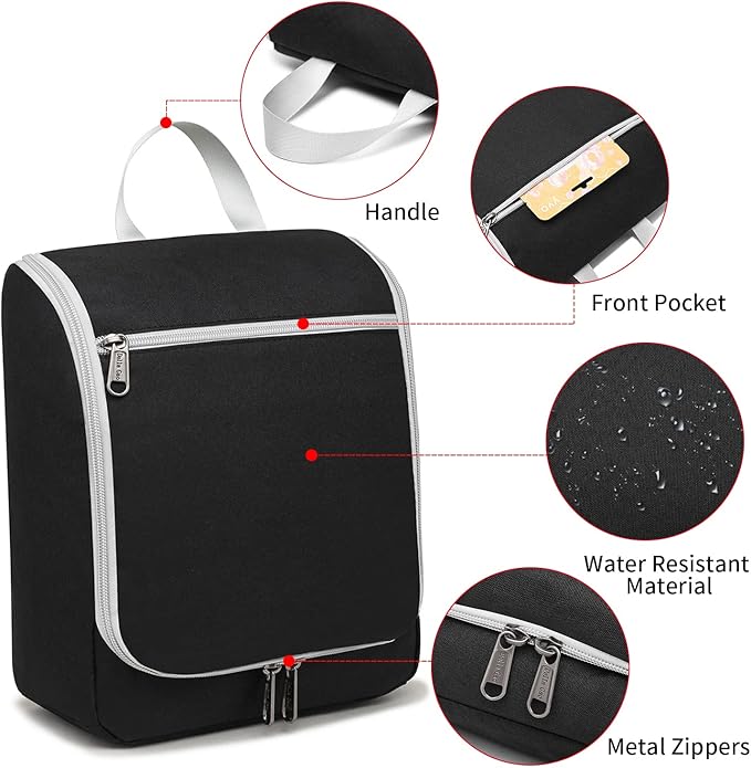 Della Gao Black Water Repellent Polyester Hanging Toiletry Bag for Travel